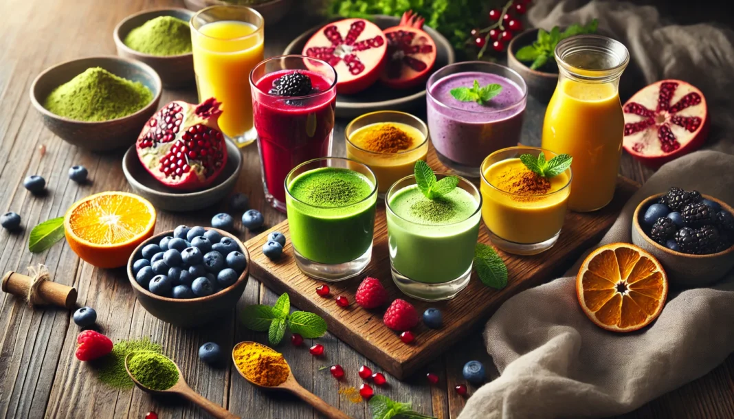 A beautifully arranged wooden table featuring antioxidant-rich drinks, including green matcha tea, pomegranate juice, blueberry smoothie, and turmeric-infused golden milk. Fresh berries, citrus slices, and a sprig of mint complement the scene with soft natural lighting.