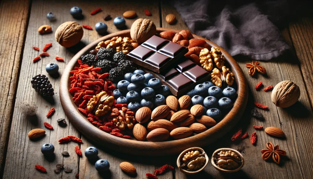 The Most Potent Antioxidants: Top Foods and Fruits High in Antioxidants for Better Health 2 A wooden platter displaying a variety of antioxidant-rich foods, including dark chocolate pieces, walnuts, almonds, blueberries, and dried goji berries. The platter rests on a dark rustic table with a few scattered nuts and berries around. Soft, moody lighting highlights the rich textures and colors of the ingredients, creating a wholesome and nutritious feel.