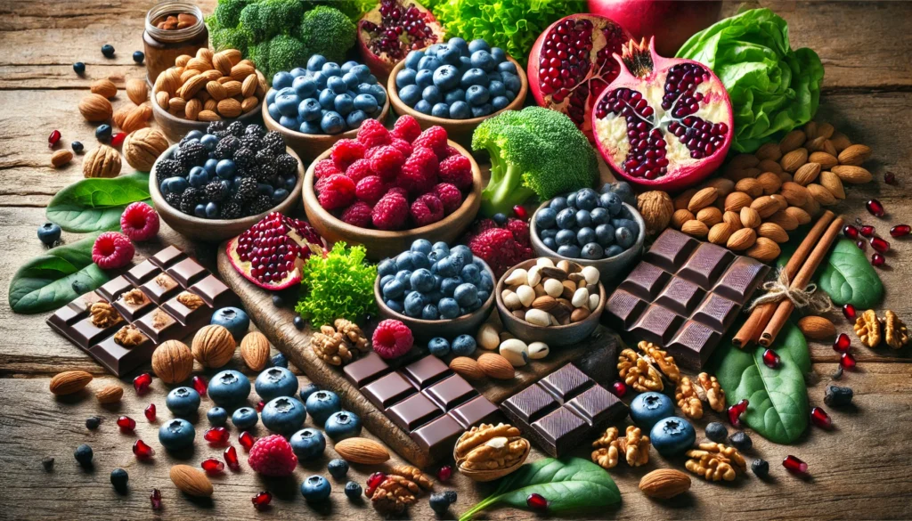 Free Radicals and Antioxidants: How to Protect Your Body from Oxidative Stress 1 A vibrant display of antioxidant-rich foods arranged on a rustic wooden surface, including blueberries, raspberries, pomegranate seeds, dark chocolate, nuts, and leafy greens. Natural lighting enhances the rich colors and textures of these powerful anti-inflammatory foods.