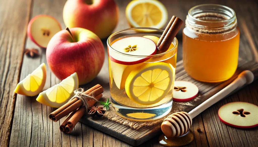 A clear glass filled with an apple cider vinegar detox drink, infused with fresh apple slices, lemon, and a cinnamon stick, sitting on a rustic wooden surface. Surrounding the glass are apple slices, a small bowl of raw apple cider vinegar, and a honey dipper with golden honey.