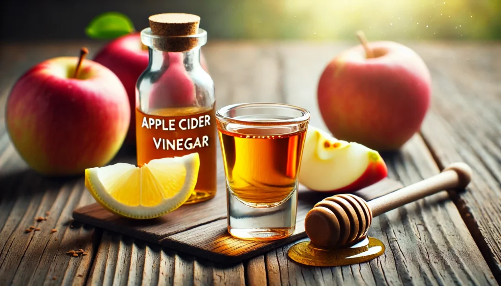 Apple Cider Vinegar Cleanse: Does ACV Detox Your Body and Support Colon Health? 3 A small glass filled with a rich amber-colored apple cider vinegar detox shot, placed on a rustic wooden surface. Surrounding it are fresh apple slices, a small glass bottle of raw apple cider vinegar, lemon wedges, and a honey dipper with golden honey, emphasizing its concentrated detoxifying properties.