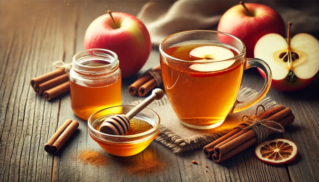 Apple Cider Vinegar Cleanse: Does ACV Detox Your Body and Support Colon Health? 2 A clear glass cup of warm apple cider vinegar tea infused with cinnamon and honey, sitting on a rustic wooden surface. Surrounding the tea are fresh apple slices, a cinnamon stick, a small bowl of raw apple cider vinegar, and a honey dipper with golden honey, highlighting its soothing and detoxifying essence.