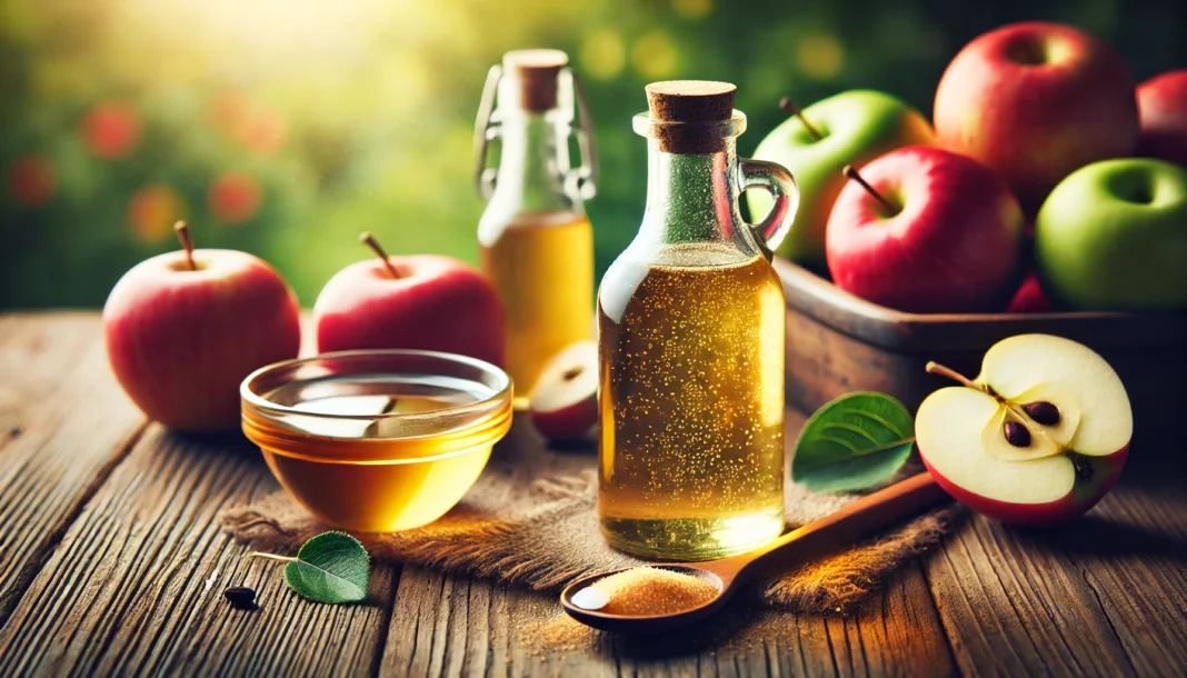 A glass bottle of apple cider vinegar on a rustic wooden surface, surrounded by fresh apples, a small bowl of raw apple cider vinegar, and a wooden spoon with vinegar drizzled onto it. The softly blurred background highlights its natural and detoxifying properties.