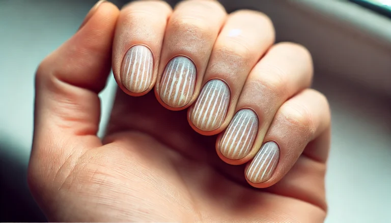 A close-up of human fingernails showing signs of arsenic poisoning, with white horizontal lines (Mees' lines) running across them. The surrounding skin appears slightly pale and unhealthy. The softly blurred background keeps the focus on the nail abnormalities.