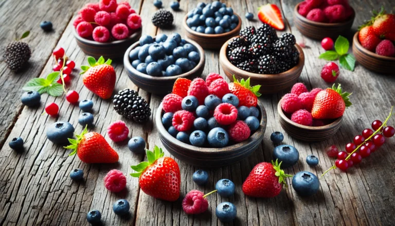 A vibrant assortment of antioxidant-rich berries, including blueberries, raspberries, strawberries, and blackberries, arranged in small bowls on a rustic wooden table. The fresh berries glisten with natural moisture, emphasizing their freshness and health benefits.
