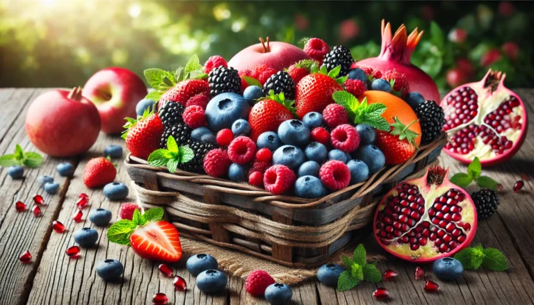 A vibrant assortment of antioxidant-rich fruits, including blueberries, strawberries, raspberries, blackberries, and pomegranate seeds, arranged in a rustic wooden basket. Fresh green mint leaves add a decorative touch. The basket sits on a wooden table with soft natural light, while a blurred outdoor garden in the background enhances the fresh and organic feel.