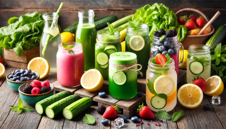A vibrant assortment of detox drinks in glass jars, including green juice, citrus-infused water, and berry smoothies. The drinks are placed on a rustic wooden table, surrounded by fresh ingredients like lemons, cucumbers, berries, and mint leaves, emphasizing freshness and cleansing benefits.
