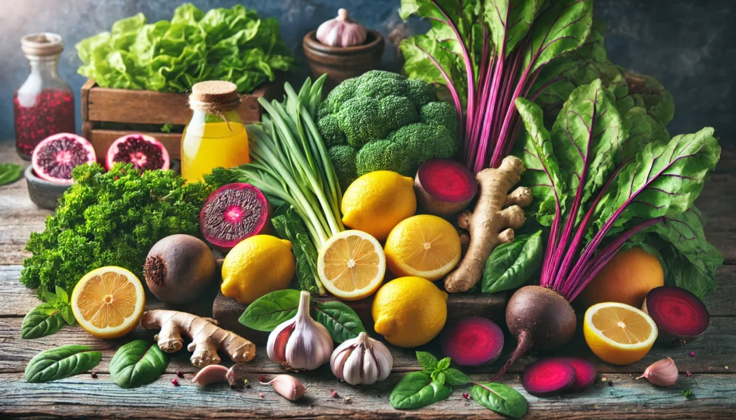 A vibrant assortment of detoxifying foods, including lemons, ginger, garlic, leafy greens, beets, and turmeric, arranged on a rustic wooden table with natural lighting highlighting their health benefits.