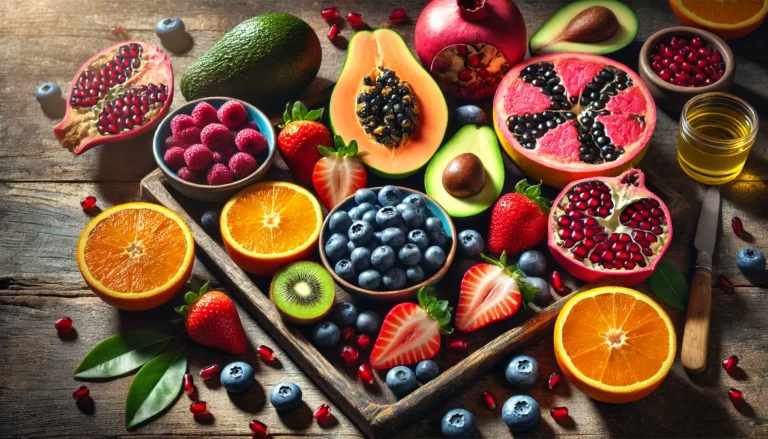 A vibrant assortment of fresh fruits known for promoting clear skin, arranged on a rustic wooden surface. The selection includes blueberries, strawberries, oranges, papaya slices, avocados, and pomegranate seeds, with natural lighting enhancing their colors and textures.
