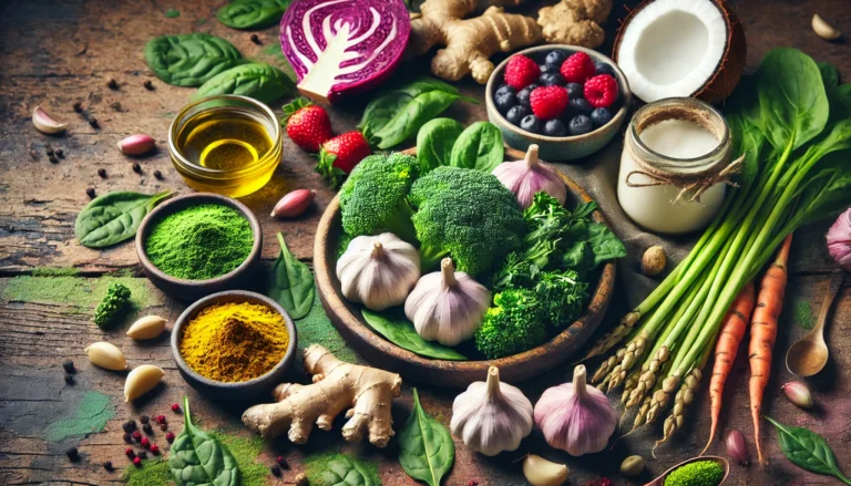 A vibrant assortment of mold-fighting foods arranged on a rustic wooden table, including garlic cloves, fresh ginger root, turmeric pieces, leafy greens, coconut oil in a small dish, and a bowl of fresh berries. Soft natural lighting highlights the rich colors and textures.