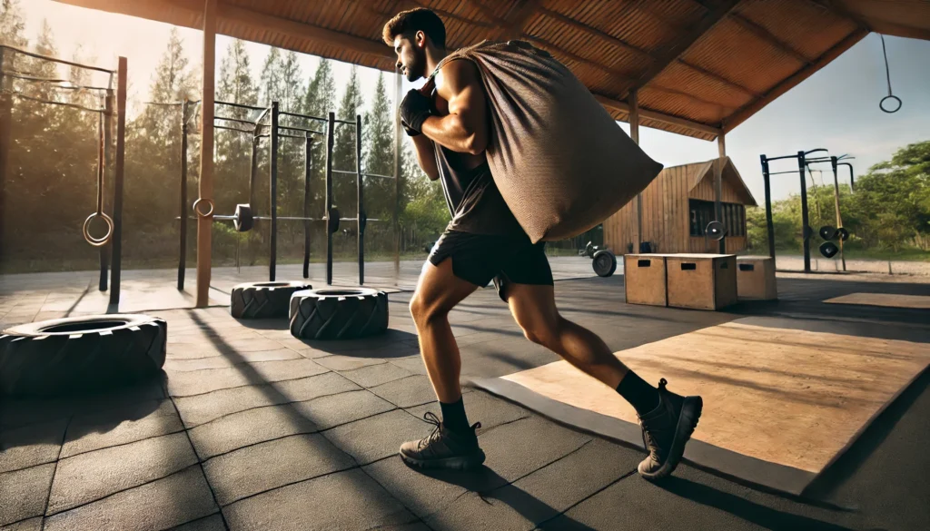 A person executing powerful battle rope slams in a spacious fitness studio. The workout space features a dynamic atmosphere with modern fitness equipment.