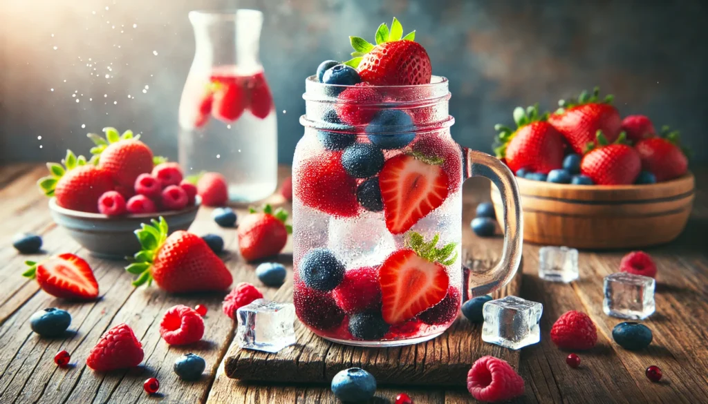 A glass jar filled with berry-infused detox water, containing strawberries, blueberries, and raspberries with ice cubes. The drink is placed on a wooden surface, with fresh berries scattered around, enhancing the natural and refreshing appeal.