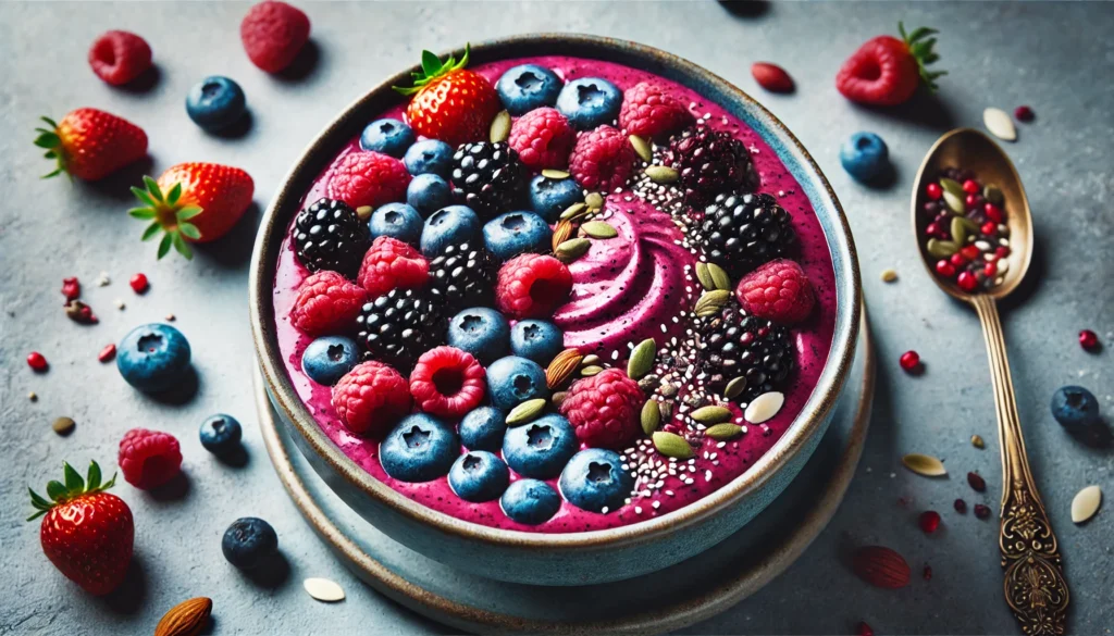 Berries High in Antioxidants: Boost Your Health with Nature’s Superfoods 2 A colorful berry smoothie bowl topped with fresh antioxidant-rich berries, including blueberries, raspberries, and blackberries. The smoothie has a thick, creamy texture, garnished with seeds and nuts, creating a nutritious and vibrant presentation.