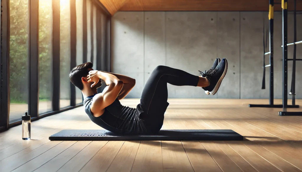 Explosive Core Exercises: Boost Power, Speed, and Stability for Peak Performance 2 An individual performing Russian twists with a medicine ball in a contemporary home gym. The fitness space has a sleek, minimalist design with natural lighting.