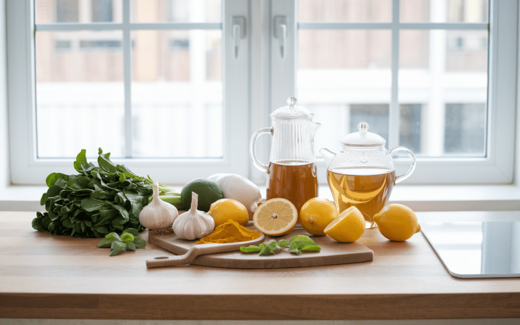 Detox flu remedy ingredients on a kitchen counter including greens, lemons, garlic, turmeric, and tea.