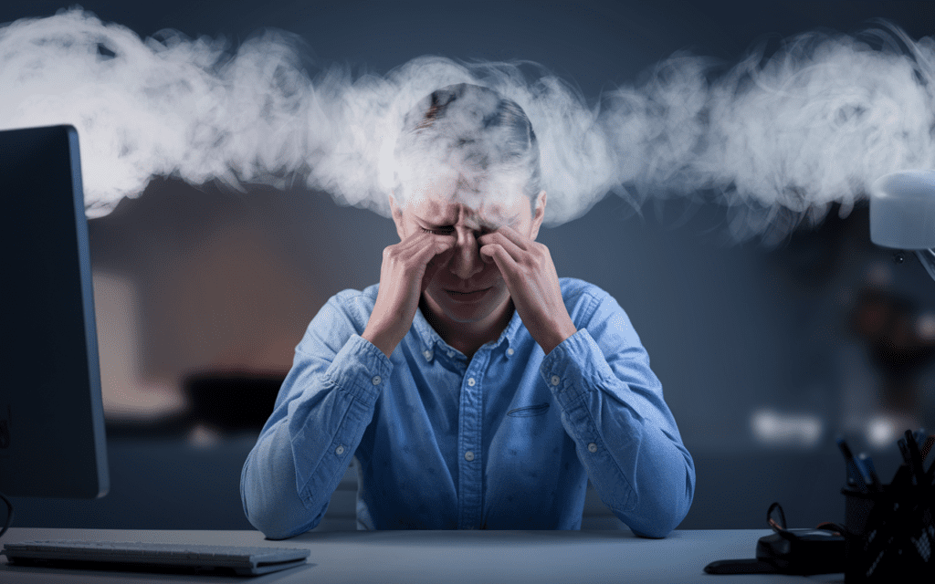 Woman experiencing detox flu and brain fog at a desk with visible mental fatigue.