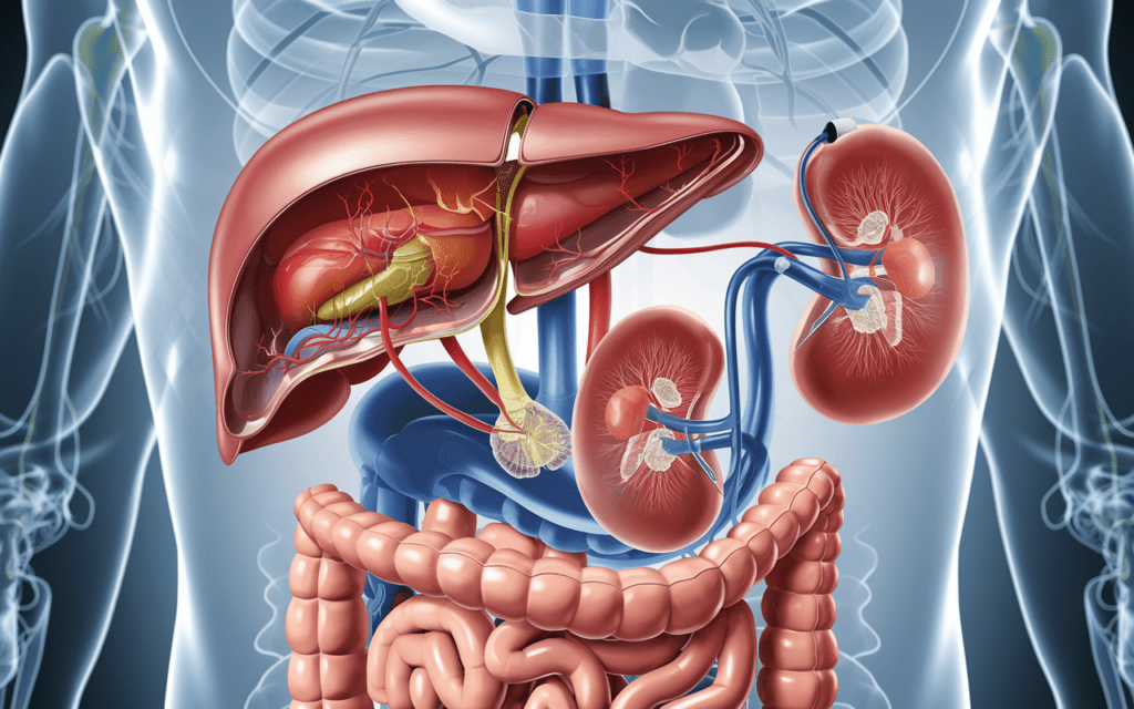 Medical illustration of organs involved in detox flu including liver, kidneys, and intestines.