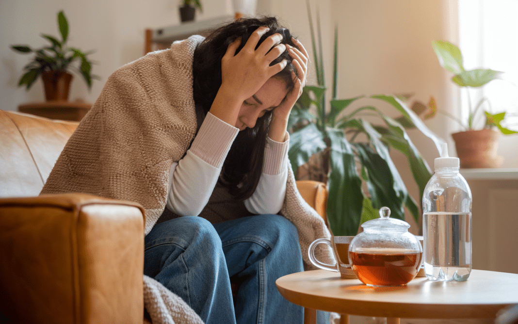 Woman with detox flu symptoms sitting on a couch under a blanket, tea and water nearby. Let me know if you'd like social captions, resized versions, or web-optimized file names as well!