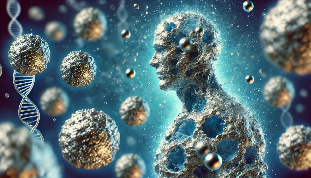 Aluminum Toxicity: Causes, Symptoms, and How to Reduce Exposure 2 A close-up of human cells under a microscope, appearing with an unnatural metallic sheen, symbolizing aluminum buildup. The cells show slight damage or oxidation, representing toxicity. A deep blue background with floating metallic particles enhances the theme of heavy metal exposure.