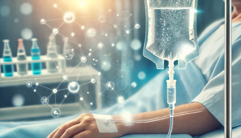 A medical concept image of chelation therapy showing an IV drip connected to a patient's arm. The transparent IV bag contains a clear liquid, symbolizing the removal of heavy metals from the bloodstream. The softly blurred background resembles a clinical setting, emphasizing the treatment process.