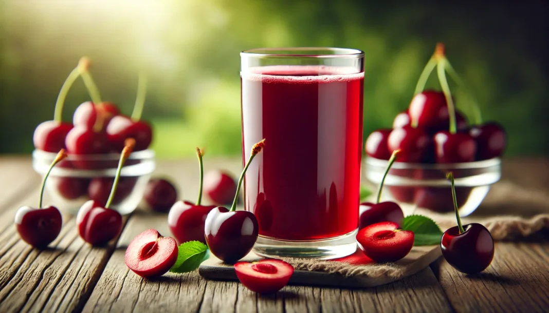 A refreshing glass of cherry juice with whole and sliced cherries arranged around it on a wooden kitchen counter. The deep red juice highlights its natural detoxifying properties. Soft natural lighting enhances the fresh and health-boosting appeal, with a blurred green garden in the background.