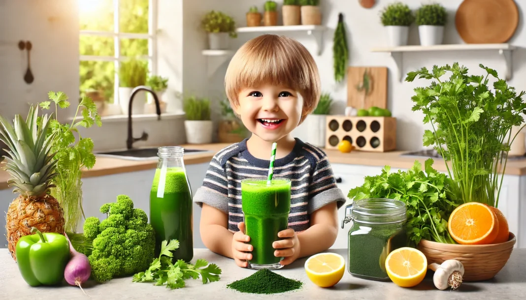 A happy young child drinking a vibrant green detox smoothie in a bright, healthy kitchen. Fresh detox ingredients like cilantro, spirulina, and lemon are arranged on the counter, symbolizing natural metal detoxification. The scene conveys a clean and fresh atmosphere promoting wellness.