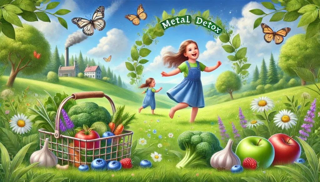 Heavy Metal Detox for Kids: Safe and Effective Ways to Reduce Toxic Exposure 2 A joyful child playing in a lush green meadow with butterflies and fresh air, symbolizing a toxin-free lifestyle. A basket of detox-friendly fruits and vegetables like blueberries, broccoli, and garlic sits nearby, representing natural metal detoxification and overall health.
