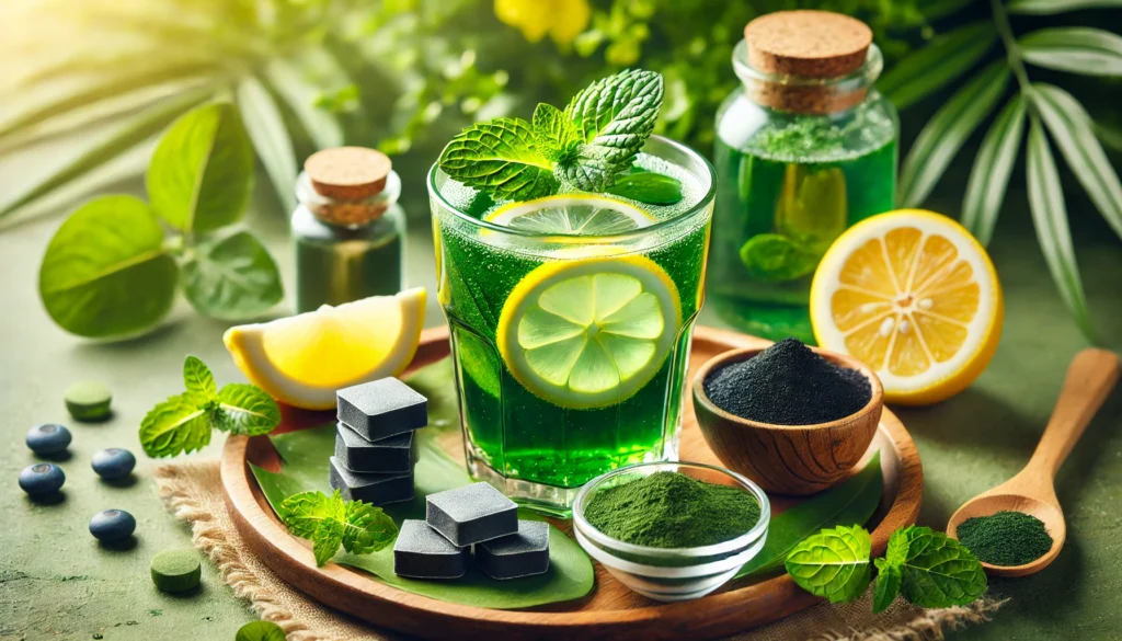 Effective Metal Detox: Natural Ways to Support Your Body’s Cleansing Process 2 A refreshing glass of chlorophyll water with floating mint leaves and lemon slices, surrounded by spirulina tablets, seaweed, and activated charcoal powder in a small wooden dish. The background features lush green foliage, symbolizing purity and detoxification.