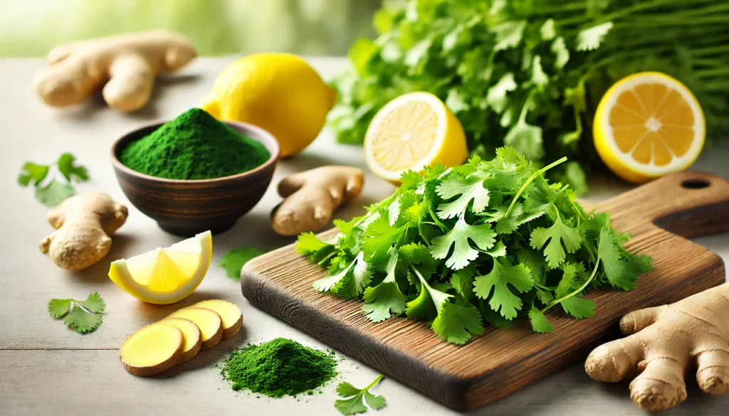 Cilantro for Heavy Metal Detox: Does It Really Help Cleanse Your Body? 3 A close-up of a wooden cutting board with freshly chopped cilantro leaves, ready for use in detox recipes. Nearby are lemon wedges, ginger slices, and a small bowl of spirulina powder, symbolizing a natural approach to heavy metal detox. The softly blurred background enhances the fresh and organic atmosphere.