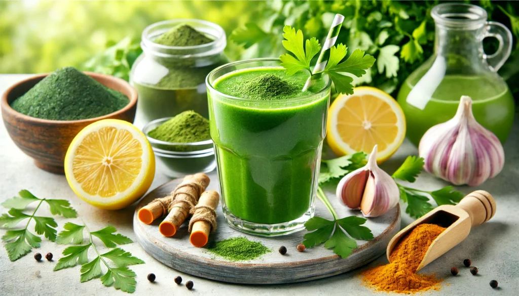 Cilantro for Heavy Metal Detox: Does It Really Help Cleanse Your Body? 2 A refreshing green detox smoothie in a glass, garnished with fresh cilantro leaves. Surrounding it are detoxifying ingredients such as chlorella powder, turmeric root, lemon slices, and garlic. The bright and natural background evokes a sense of health and cleansing.