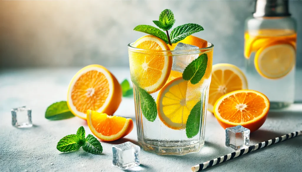 A glass of citrus detox water infused with lemon, orange, and mint leaves, served over ice. The drink is placed on a bright, clean countertop with slices of citrus fruits around it, creating a fresh and hydrating aesthetic.