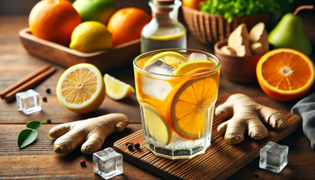 Detox Water for Weight Loss: Hydration Strategies to Burn Fat Naturally 2 A glass of citrus and ginger detox water, infused with orange, lemon, and ginger slices. The drink is served in a clear glass with ice cubes, placed on a wooden table with fresh ingredients nearby, creating a warm and health-focused aesthetic.