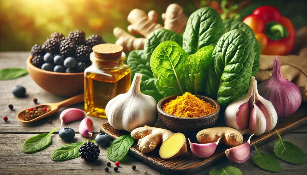 Foods That Kill Mold in the Body: A Natural Approach to Detox and Recovery 3 A close-up view of powerful antifungal foods that help fight mold in the body, featuring garlic bulbs, ginger root, turmeric slices, fresh greens, coconut oil, and a mix of blackberries and blueberries. Warm natural lighting highlights the nutritional properties of these foods.