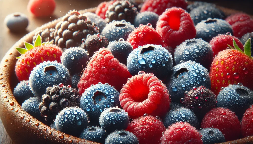 A close-up of fresh antioxidant-rich berries, including blueberries, raspberries, and blackberries, covered in tiny water droplets. The natural lighting highlights their rich colors and juicy textures, emphasizing their freshness.