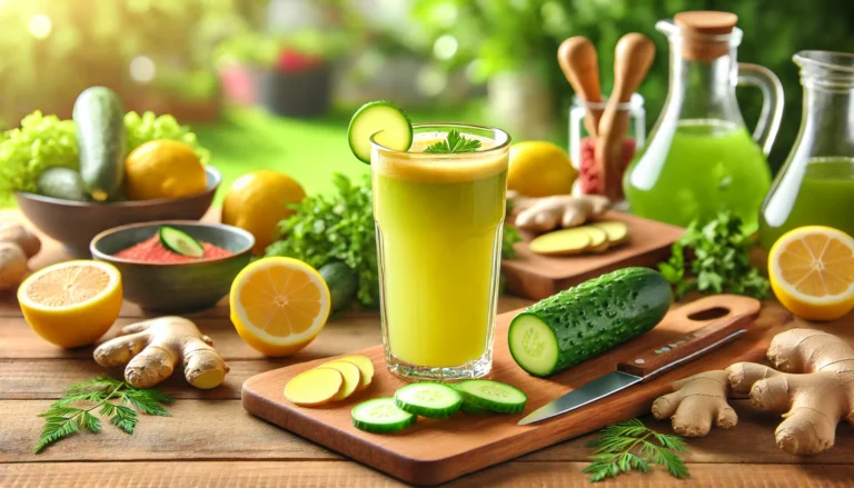 A refreshing glass of colon cleanse juice made with ginger, lemon, and cucumber on a wooden kitchen counter. Freshly sliced ingredients, a cutting board, and a knife are arranged beside the glass, with a lush green outdoor garden in the background, enhancing the detox theme.