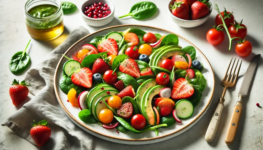 Fruit and Vegetable Diet: How Eating More Produce Boosts Health and Detoxification 1 A beautifully plated salad featuring spinach, cherry tomatoes, cucumbers, avocado slices, and strawberries, lightly dressed and set on a clean, neutral background with bright natural lighting.