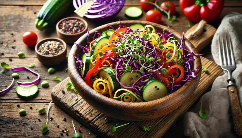 Raw Food Detoxification: How a Raw Food Detox Can Help Cleanse Your Body Naturally 1 A wooden bowl filled with a colorful raw detox salad, featuring shredded purple cabbage, spiralized zucchini, sliced bell peppers, and sprouts. The salad is garnished with sesame seeds and a light drizzle of olive oil. It sits on a rustic wooden table with fresh ingredients scattered around, illuminated by natural lighting that highlights its vibrant textures and colors.