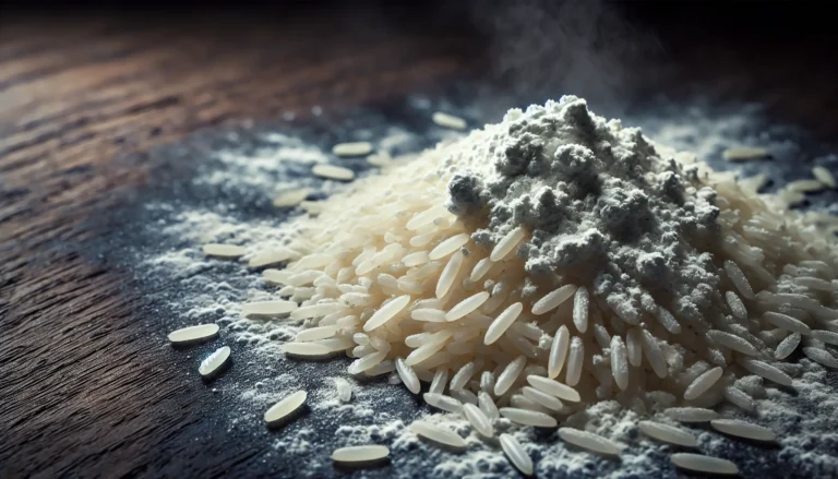 A pile of rice with a mysterious, powdery residue on top, placed on a dark, aged wooden surface. The rice grains appear slightly discolored, and the background is shadowy and ominous, emphasizing the potential arsenic contamination. Soft, moody lighting enhances the eerie atmosphere.