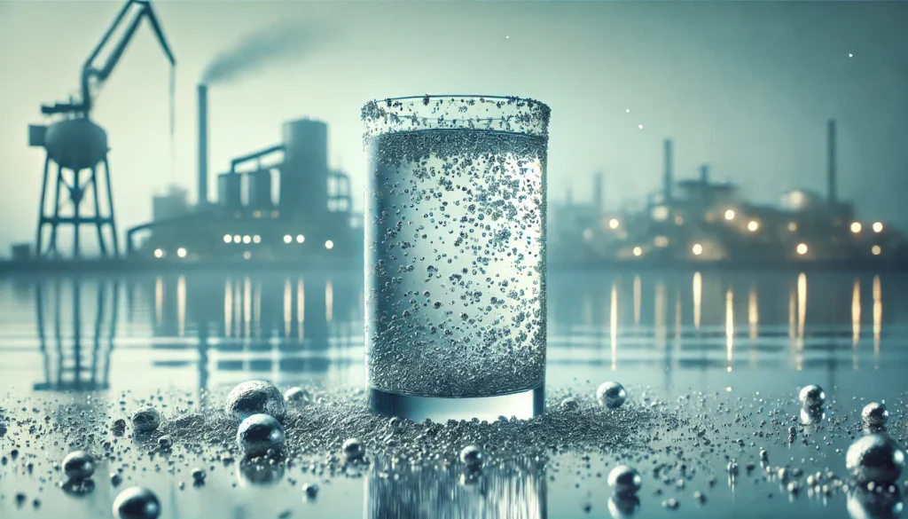 Aluminum Toxicity: Causes, Symptoms, and How to Reduce Exposure 3 A glass of drinking water with a subtle metallic shimmer, representing aluminum contamination. Small, barely visible metallic particles float inside, with a faint reflection of an industrial setting in the background, suggesting environmental exposure. The cool-toned aesthetic emphasizes toxicity risks.