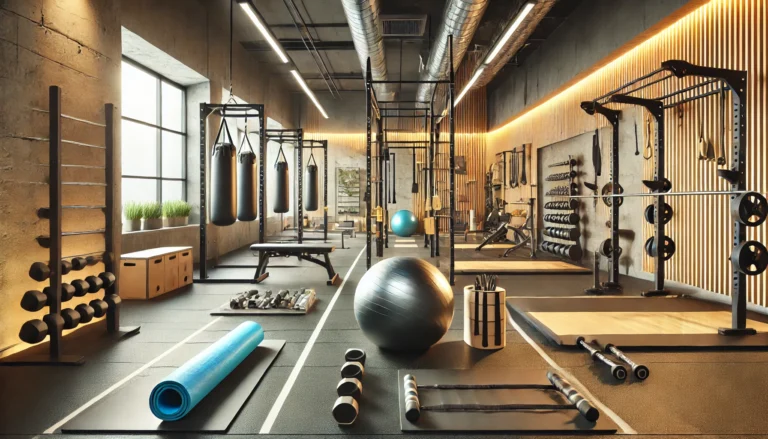 A modern gym setup featuring core stability training equipment such as stability balls, resistance bands, balance boards, and foam rollers. The space is well-lit, organized, and designed for functional core training.