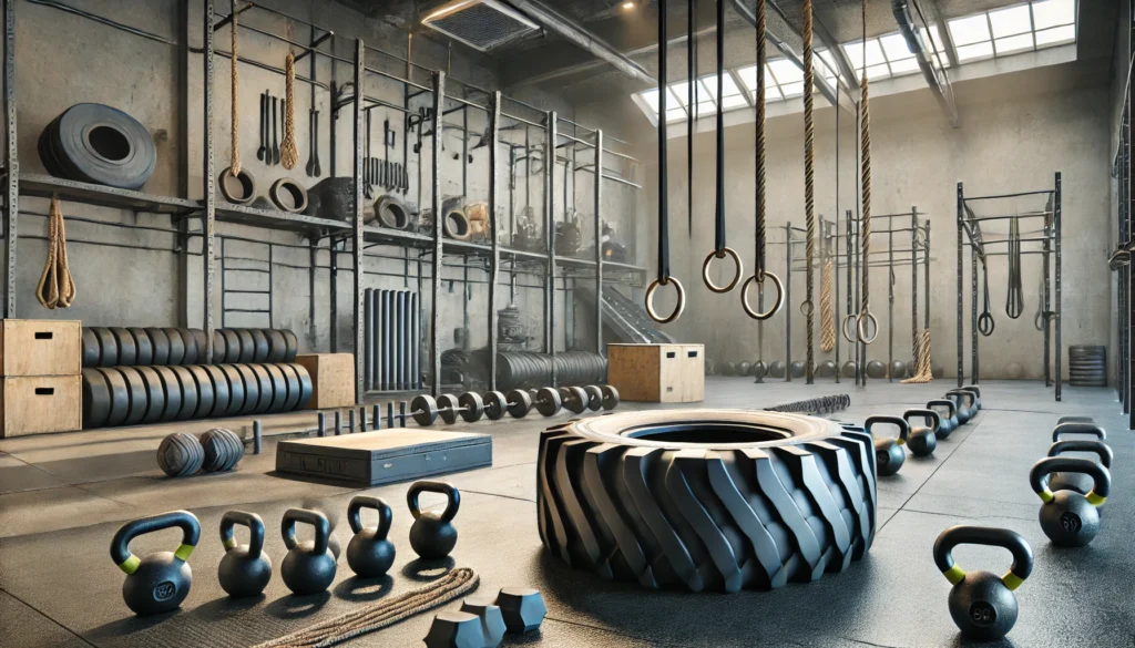 What Is CrossFit Training? A Guide to Strength, Conditioning, and Functional Fitness 2 A CrossFit gym layout focusing on functional strength equipment. The space includes a large tire for flipping exercises, weighted sleds, climbing ropes hanging from the ceiling, and kettlebells lined up neatly. The gym has an industrial aesthetic with high ceilings, concrete walls, and rugged flooring, designed for high-intensity training.