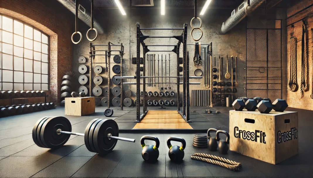 A CrossFit gym setup featuring various functional fitness equipment. The scene includes a squat rack, barbells, bumper plates, kettlebells, plyometric boxes, and battle ropes arranged neatly in a spacious workout area. The gym has an industrial design with rubber flooring, exposed brick walls, and bright overhead lighting, creating an intense training atmosphere.