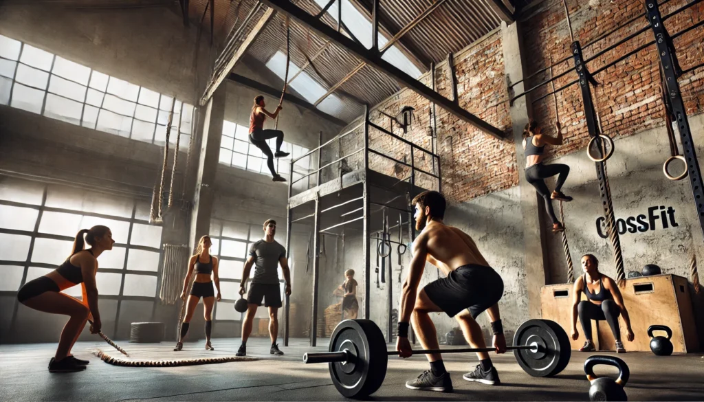 Functional Strength Training: The Key to Mobility, Power, and Everyday Performance 2 A CrossFit-inspired gym where athletes engage in functional strength exercises, including deadlifts, kettlebell lunges, and rope climbing. The space features exposed brick walls, high ceilings, and an industrial design, emphasizing raw strength and endurance.