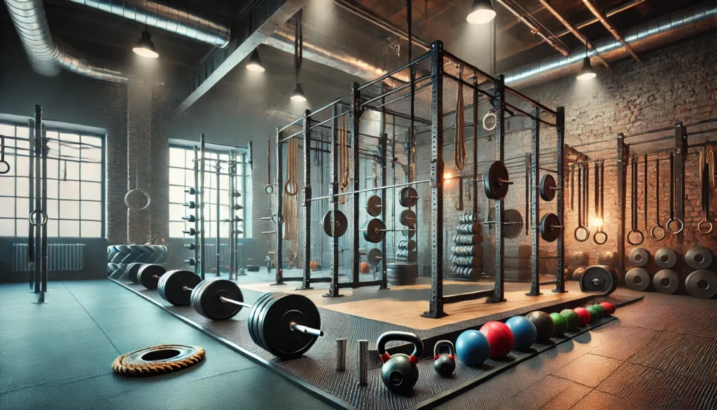 What Is CrossFit Training? A Guide to Strength, Conditioning, and Functional Fitness 3 A CrossFit training zone with a power rack, Olympic barbells, bumper plates, and pull-up bars. The setup also includes battle ropes, medicine balls, and kettlebells arranged neatly in an industrial-style gym. The space features rubber flooring, exposed brick walls, and bright LED lighting, creating an intense and focused training environment.