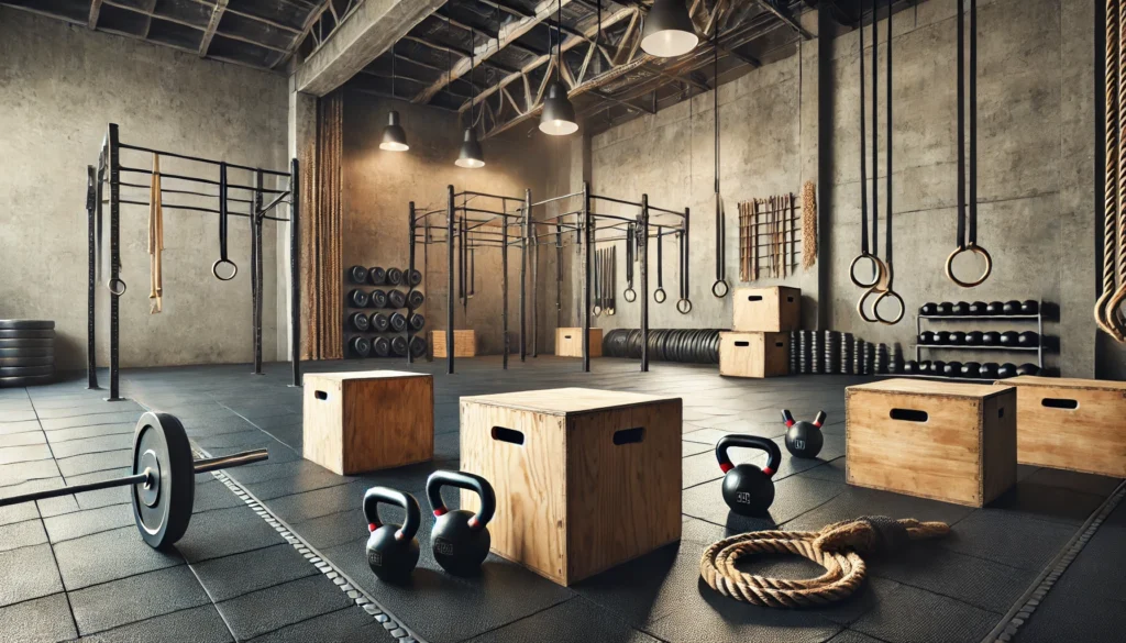 A CrossFit workout station featuring wooden plyometric boxes, kettlebells, battle ropes, and Olympic barbells. The gym space has rubber flooring, exposed concrete walls, and high ceilings with bright industrial-style lighting, creating a raw and intense training environment.