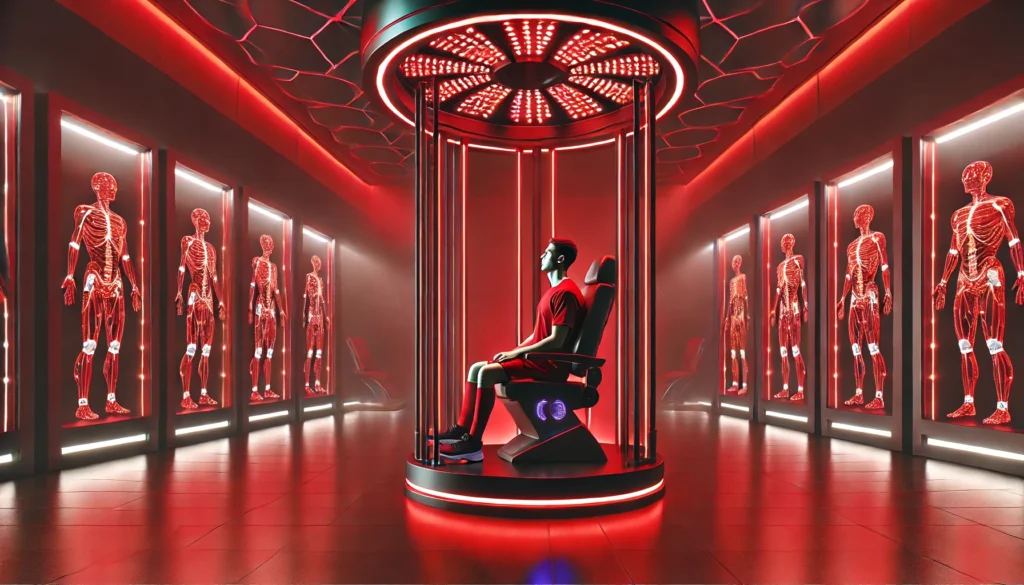 A futuristic sports therapy room illuminated in a deep red glow. An athlete sits in a high-tech chair under an array of red LED lights, emphasizing advanced muscle recovery and modern sports rehabilitation