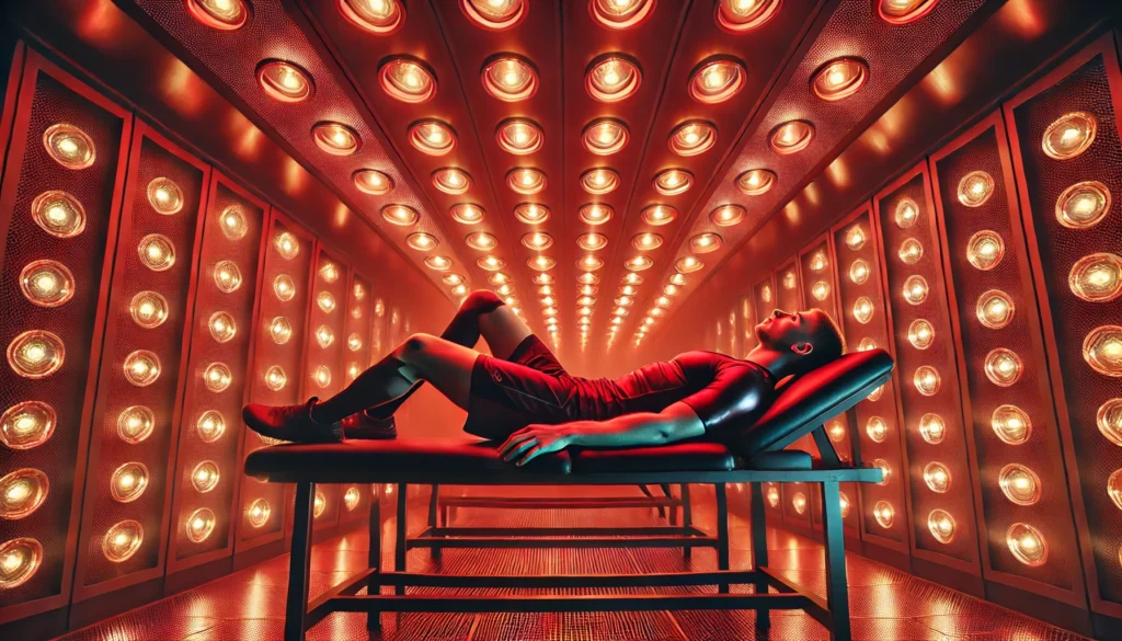 Red Light Therapy for Muscle Recovery: How Athletes Can Speed Healing and Enhance Performance 2 A professional athlete lying under red LED therapy lights in a state-of-the-art recovery room. The glowing red light surrounds their body, highlighting enhanced muscle healing and futuristic sports medicine technology