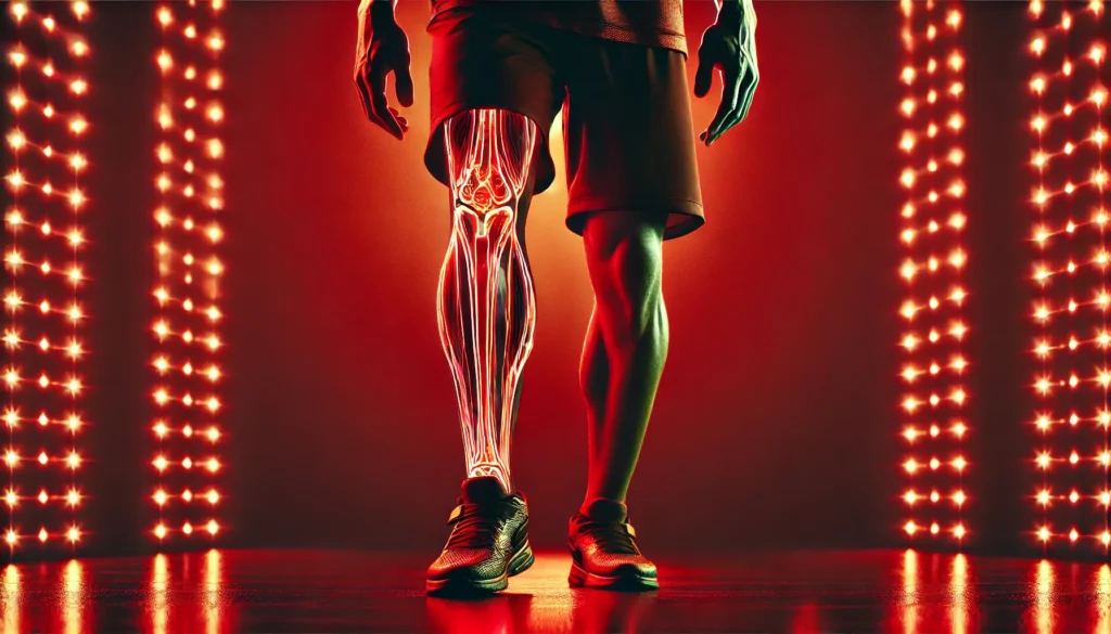 Red Light Therapy for Muscle Recovery: How Athletes Can Speed Healing and Enhance Performance 3 A close-up of an athlete’s muscular legs under red LED therapy panels. The warm red glow accentuates muscle definition and emphasizes improved circulation, tissue repair, and sports recovery.