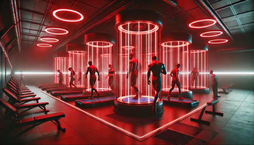 A futuristic gym with athletes using red light therapy devices. The room is dimly lit, except for the glowing red panels positioned around the athletes, symbolizing advanced muscle recovery and sports performance enhancement.