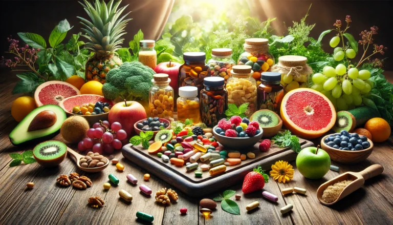 A vibrant still life of natural supplements, including colorful capsules, softgels, and powdered nutrients, artfully arranged with fresh fruits, nuts, and leafy greens on a wooden table, illuminated by soft natural light to evoke health and vitality